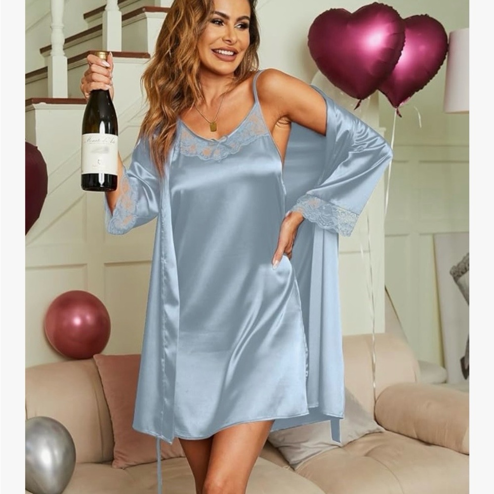 Elegant Light Blue Satin Nightgown Set with Lace Trim. Sz Small